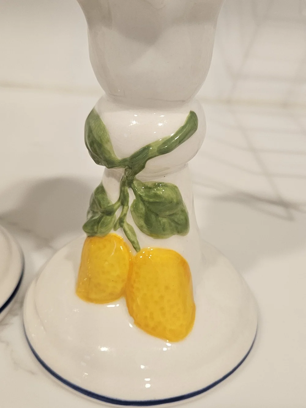 Ceramic Lemon Decorative Candle Holders - White and Yellow Trimmed In Blue